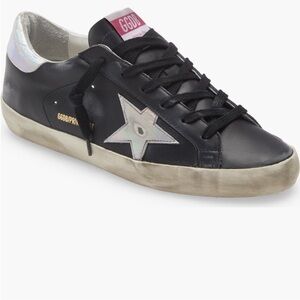 Golden Goose 6.5 Black Leather Superstar Sneaker with Iridescent Star